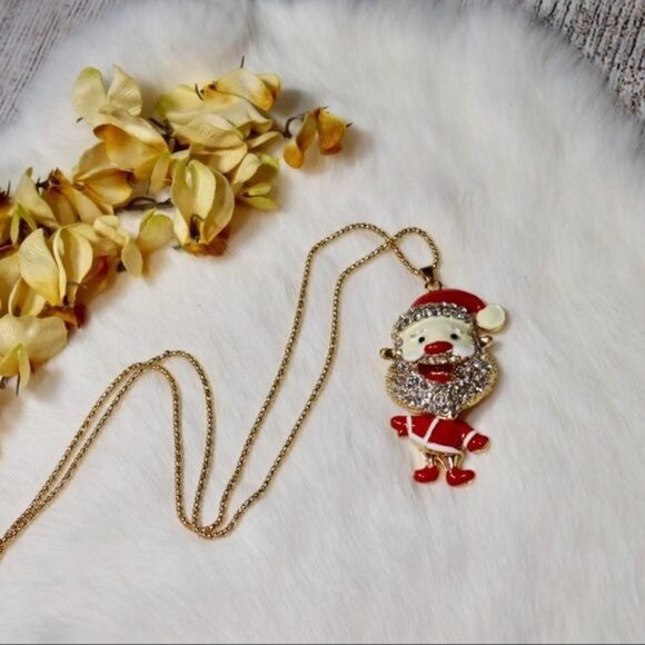 Gold Rhinestone Santa Claus Christmas Necklace Holiday Stocking Stuffer Idea - Picture 1 of 4